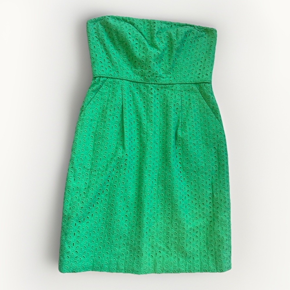 J Crew Strapless Floral Eyelet Lace Dress 2 Green Preppy Garden Party Boning